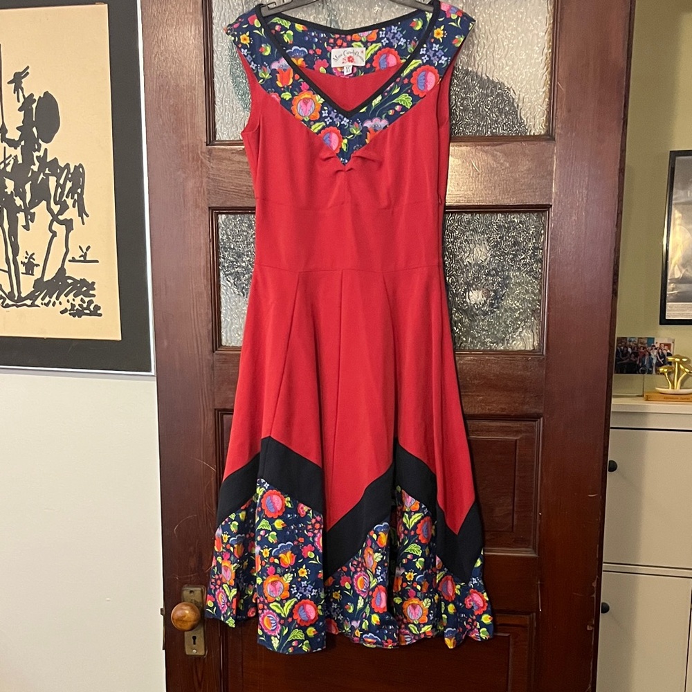 Red Floral-Trim Midi Dress with V-Neck